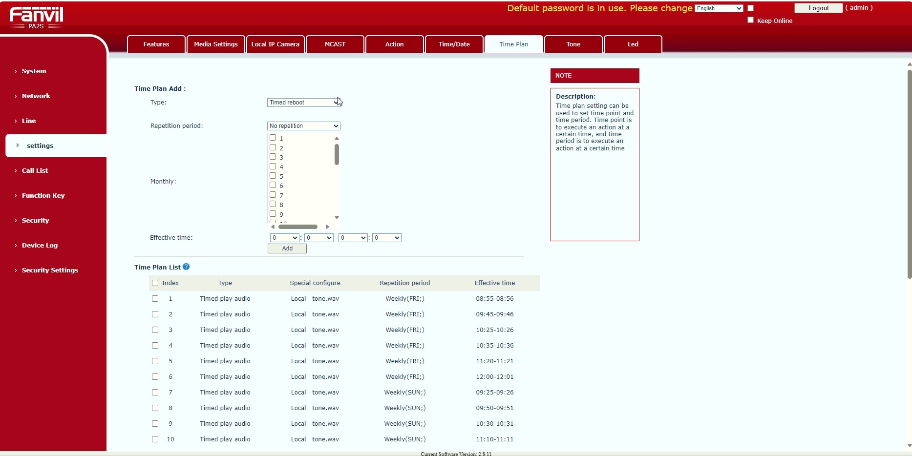 Fanvil PA2S Time Plan Screen